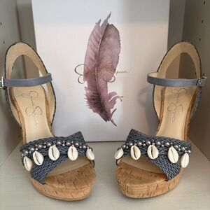 Jessica Simpson Blue-Gray Shell Embellished Wedge Sandals